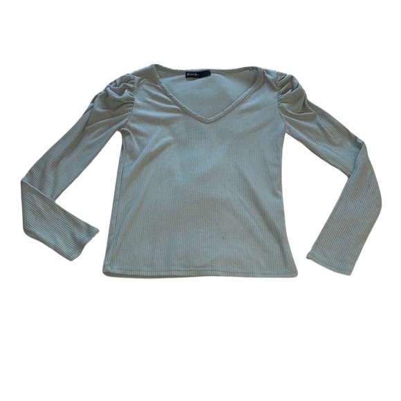 Green Puff Sleeve Fitted Blouse with Ruched Details - Picture 1 of 2